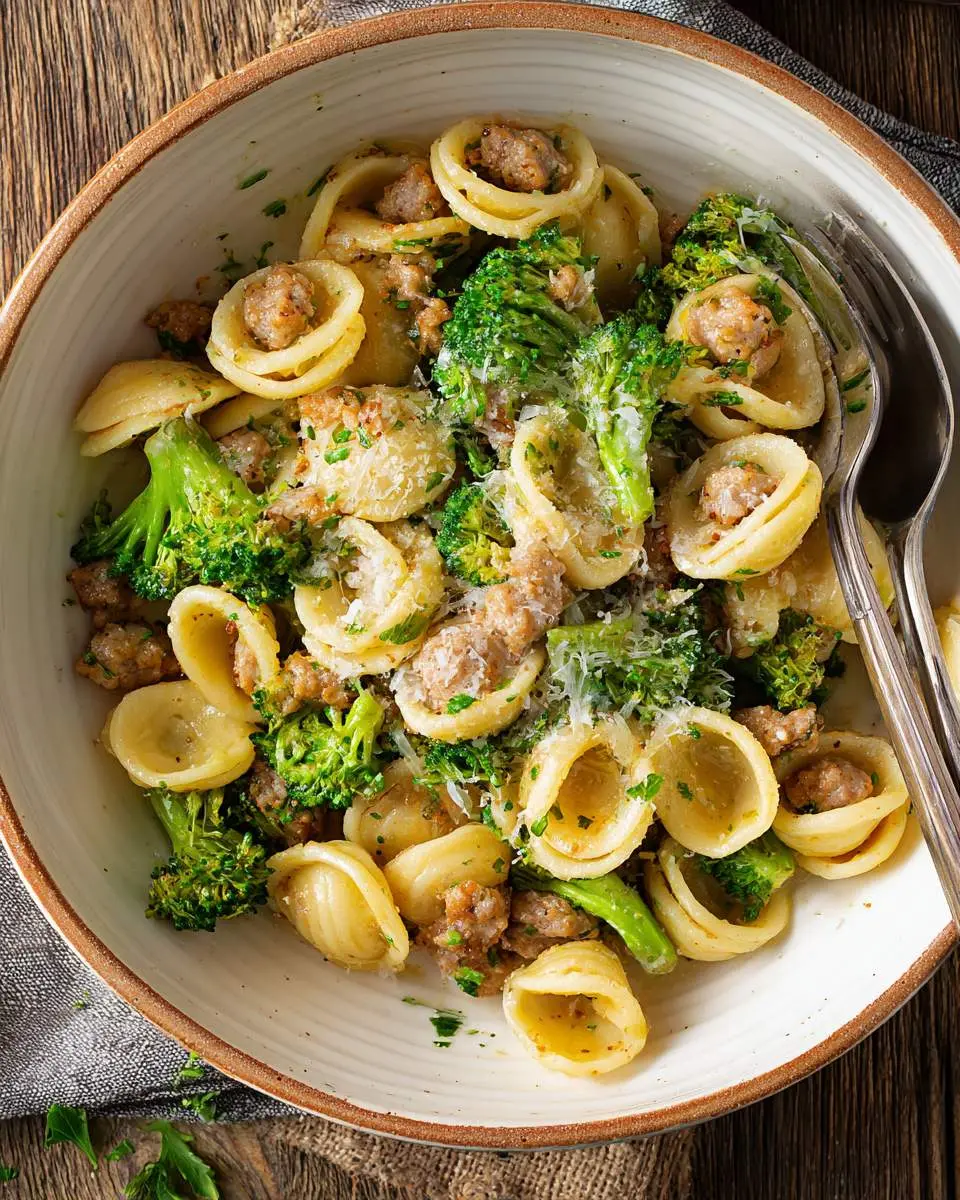 A rustic bowl of Orecchiette with Sausage and Broccoli, topped with grated Parmesan and fresh herbs, served with fork and spoon.