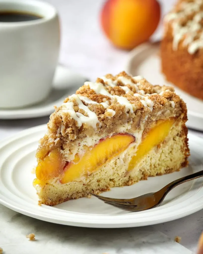 A slice of Peach Coffee Cake with crumb topping and glaze on a white plate next to a fork.