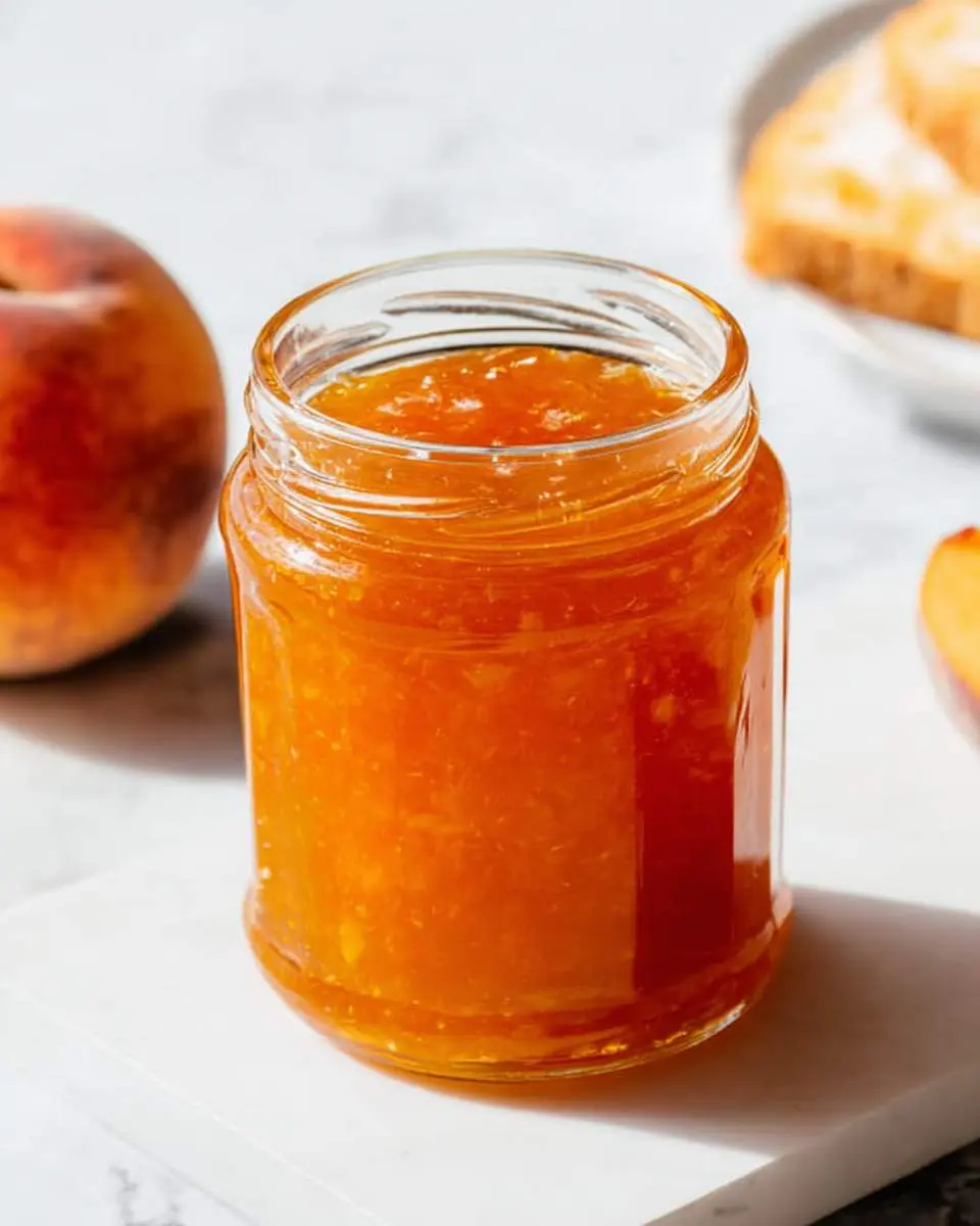 A glass jar filled with homemade peach jam sits on a marble surface with fresh peaches in the background.