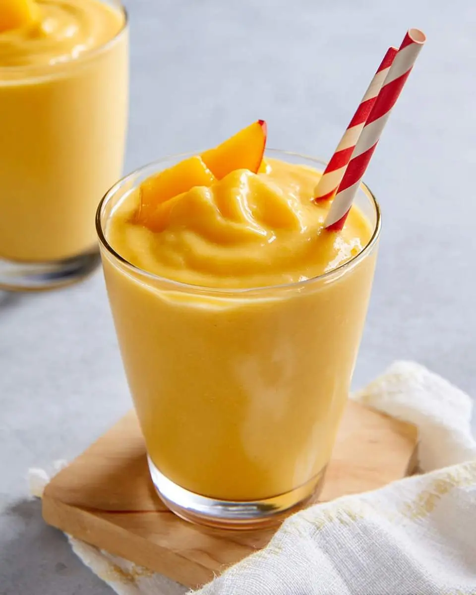 Peach Mango Smoothie 4 A thick and creamy Peach Mango Smoothie served in a glass with fresh fruit slices and a striped straw.