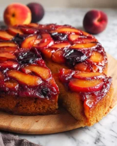 A sliced Peach-Plum Upside-Down Cake with caramelized fruit topping on a wooden board.