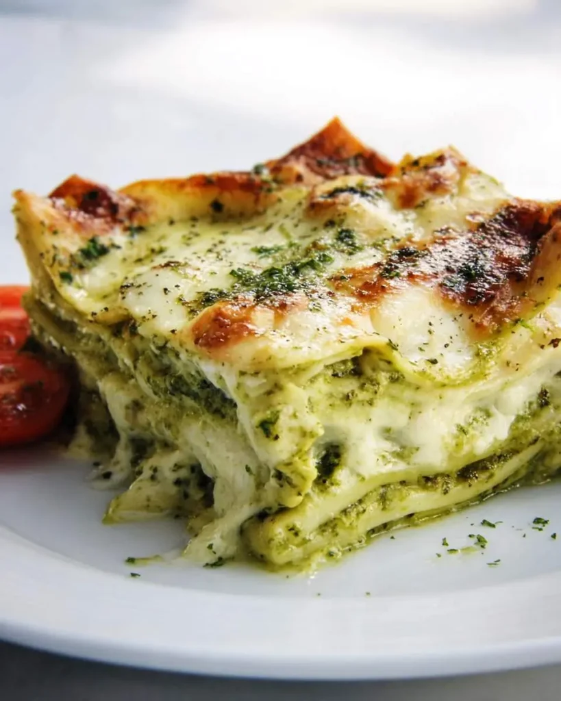 A slice of creamy pesto lasagna with melted cheese and golden brown edges on a white plate.