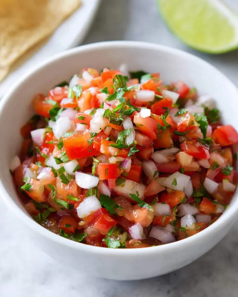 Fresh Pico de Gallo salsa served in a white bowl with diced tomatoes, onions, and cilantro.