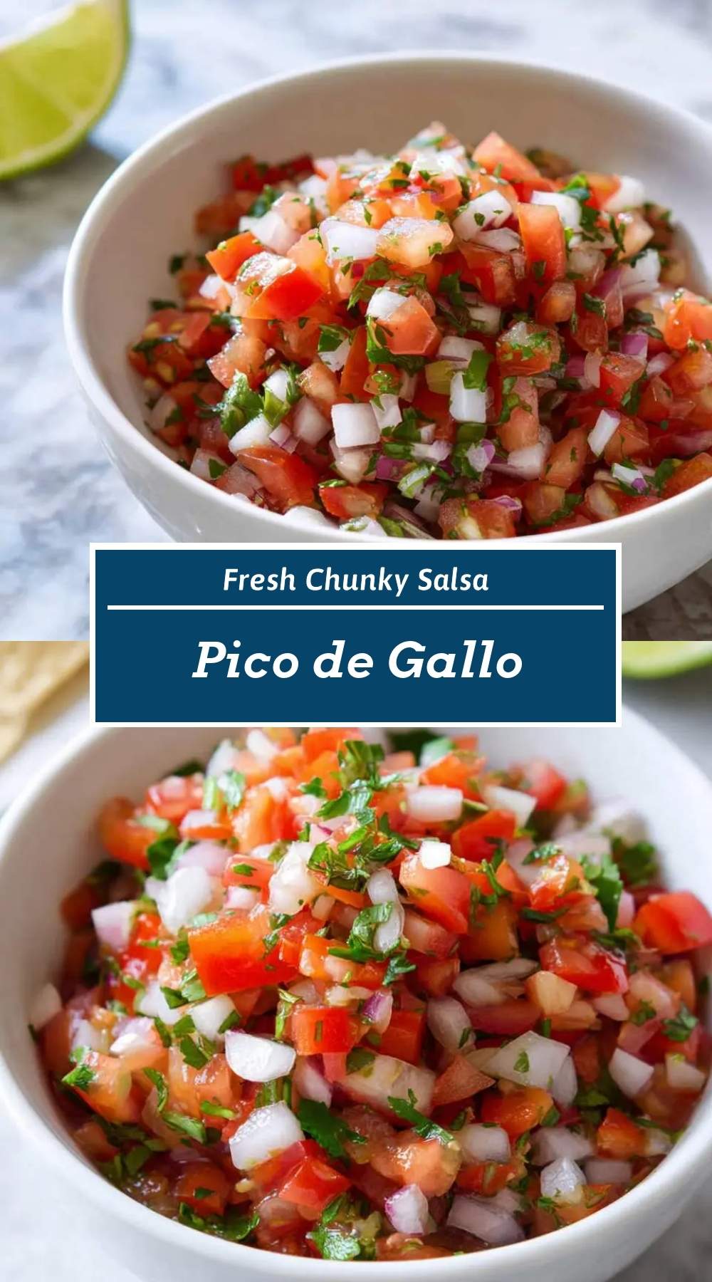 Finished pico de gallo in a serving bowl with tortilla chips on the side