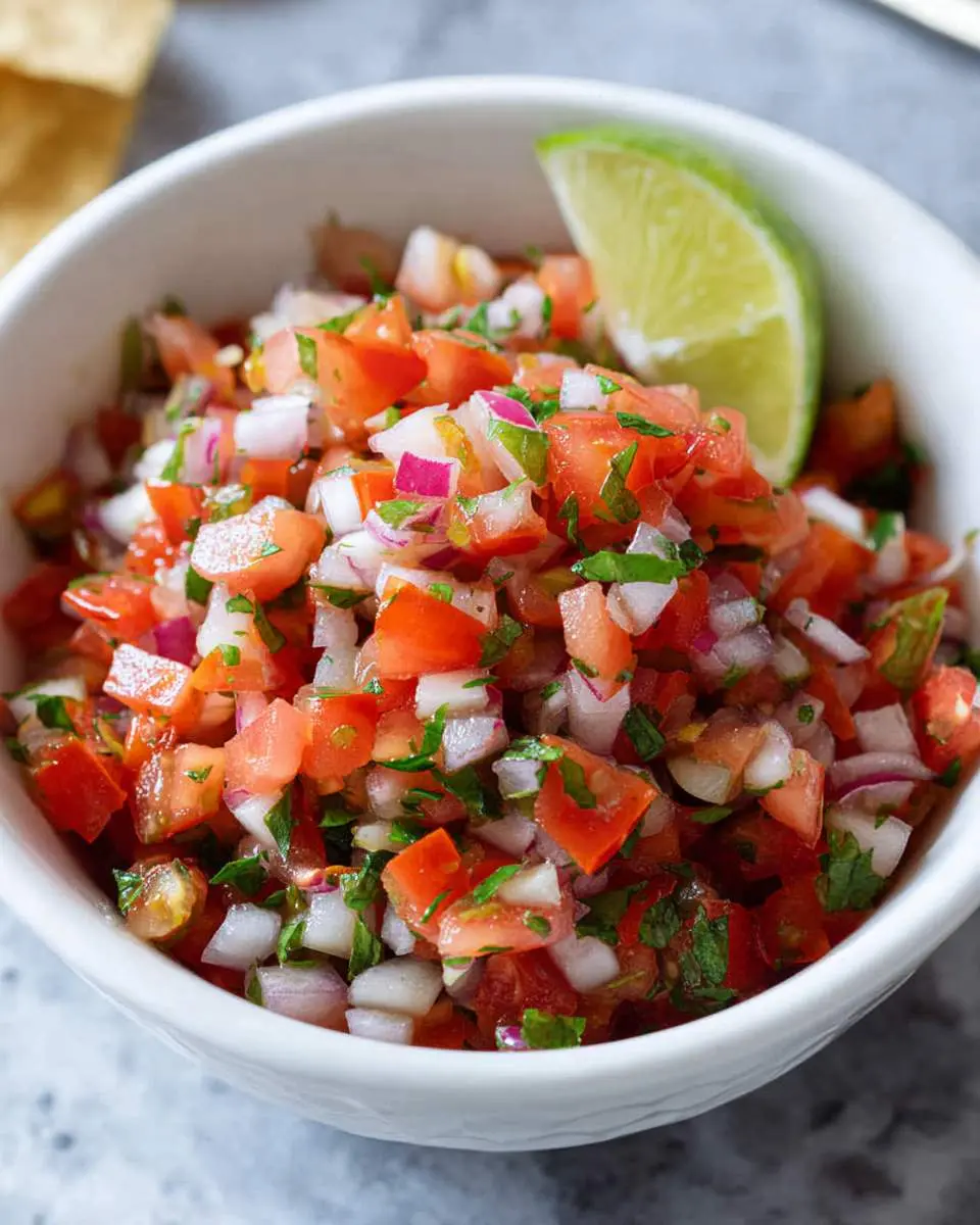 Fresh pico de gallo ingredients including diced tomatoes, onions, cilantro, and lime on a cutting board