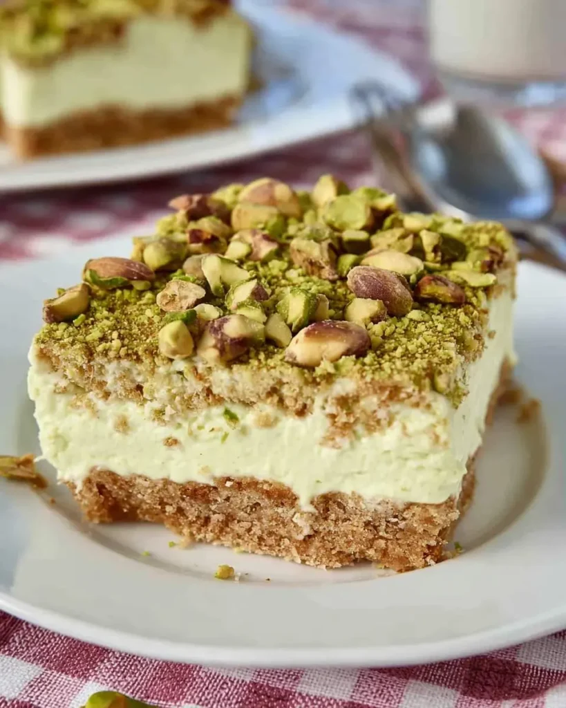 A creamy pistachio cheesecake bar topped with crushed and whole pistachios sits on a white plate.