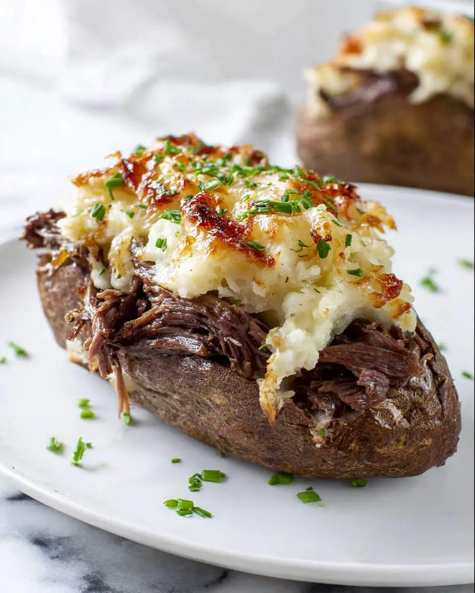 Pot roast twice baked potato topped with mashed potatoes, crispy cheese, and fresh chives on a white plate.