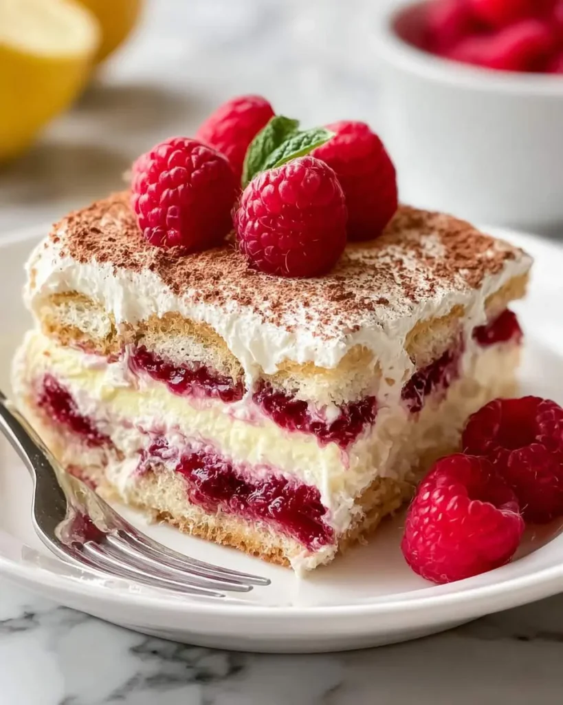 A slice of Raspberry Lemon Tiramisu topped with fresh raspberries, cocoa powder, and mint on a white plate with a fork.