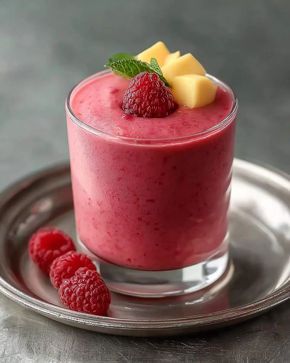 Raspberry Mango Smoothies Recipes 4 A glass of vibrant pink raspberry mango smoothie topped with fresh raspberries, mango chunks, and mint on a silver tray.