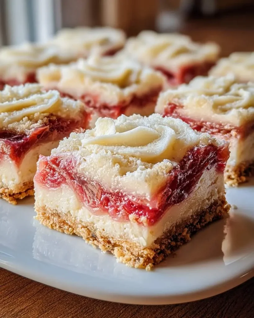 Close-up of rhubarb cream cheese bars with swirled white frosting and graham cracker crust on a white plate.