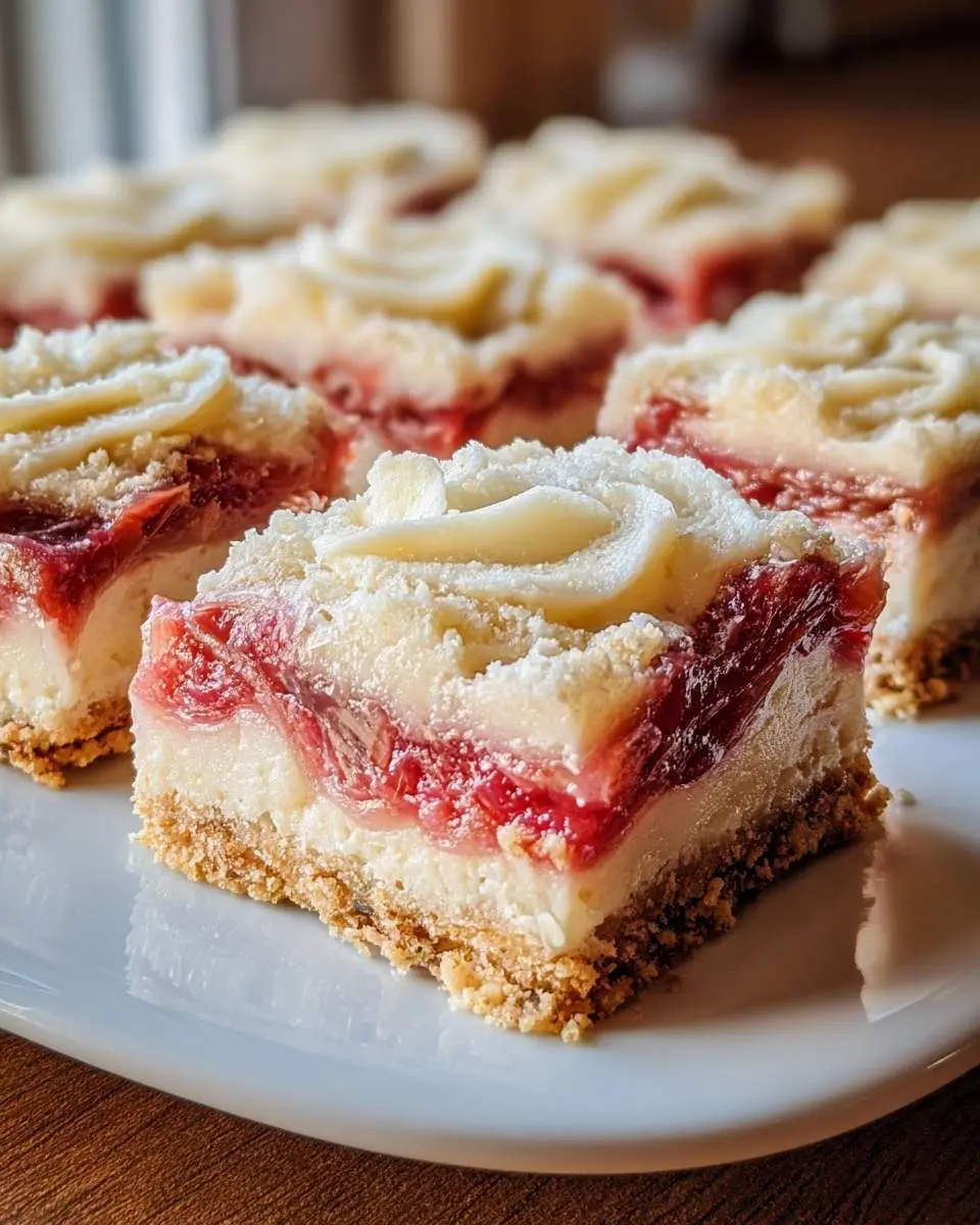 Close-up of rhubarb cream cheese bars with swirled white frosting and graham cracker crust on a white plate.