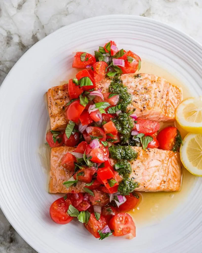 Two salmon fillets topped with fresh tomato salad and green basil sauce on a white plate with lemon slices.