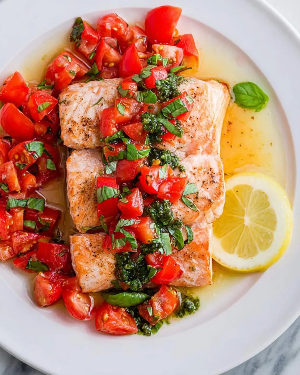 salmon with basil sauce and tomato salad ingredients and preparation