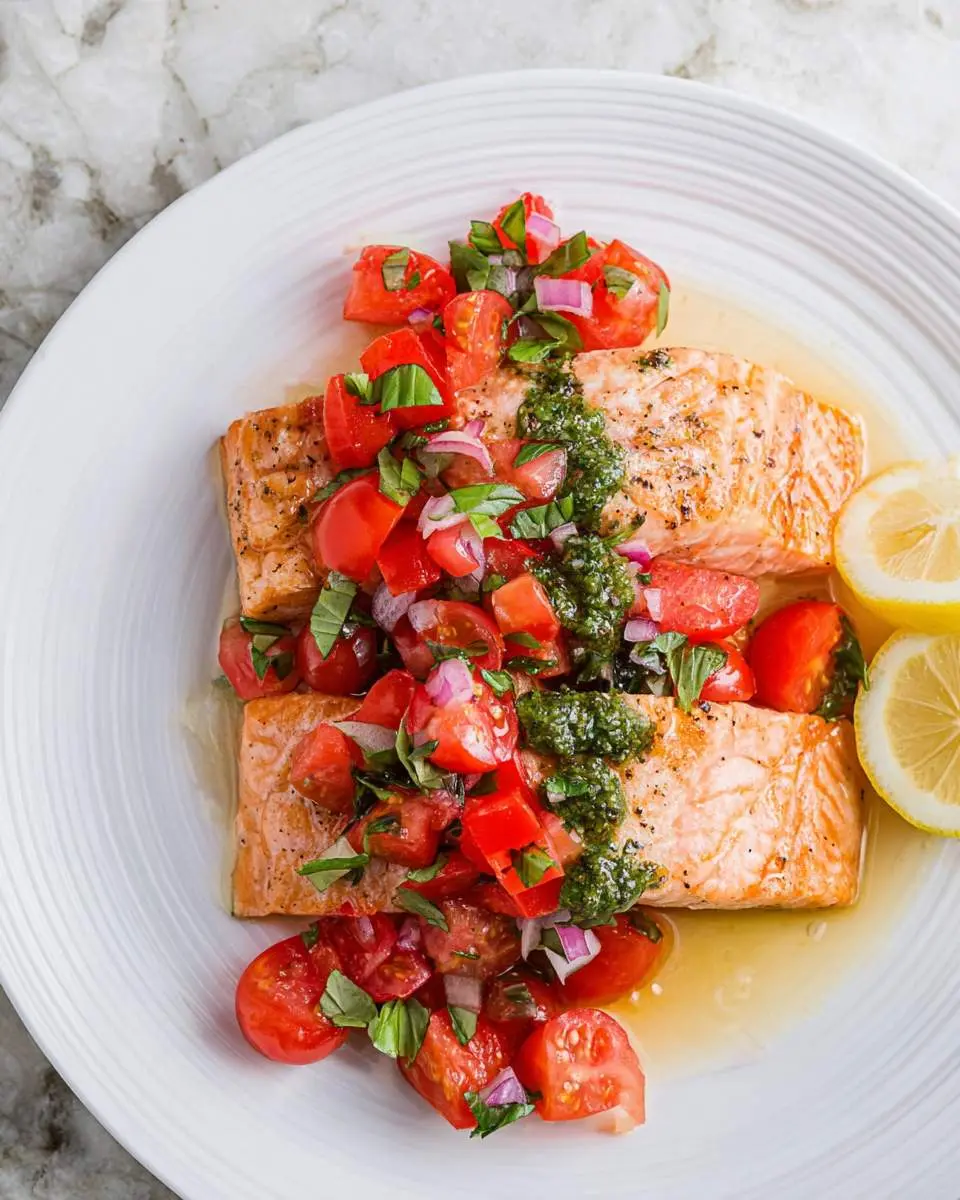 Two salmon fillets topped with fresh tomato salad and green basil sauce on a white plate with lemon slices.