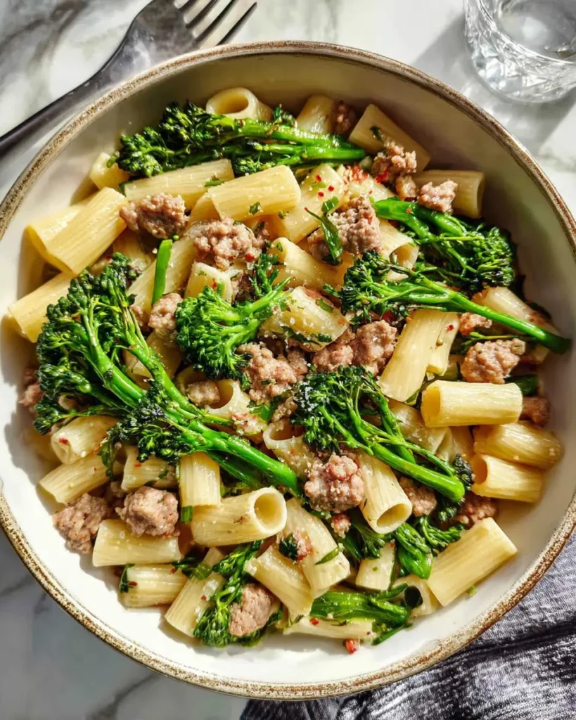 A bowl of Sausage Broccolini Pasta with rigatoni, crumbled sausage, and tender broccolini florets in a light sauce.