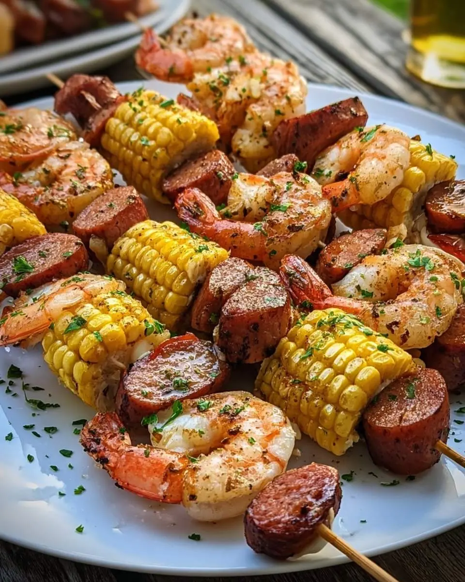 Shrimp Boil Skewers with Corn, Sausage and Potatoes ingredients arranged on a cutting board with Old Bay seasoning