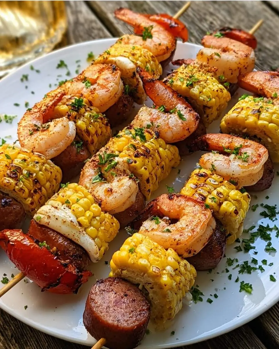 Grilled Shrimp Boil Skewers with Corn, Sausage and Potatoes served on a white plate with fresh herbs.