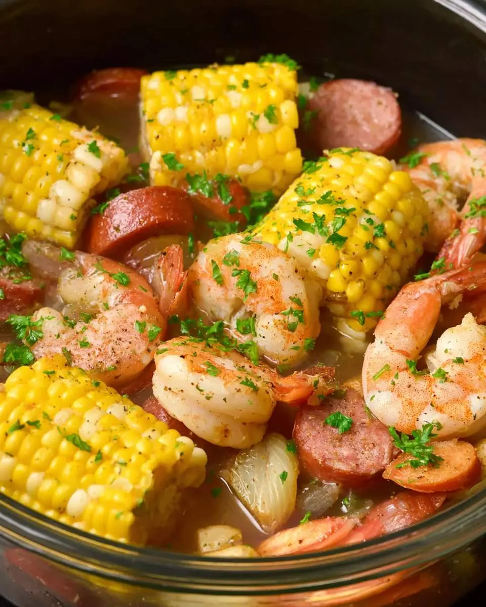 A slow cooker shrimp boil with corn on the cob, sausage, and shrimp in a seasoned broth.