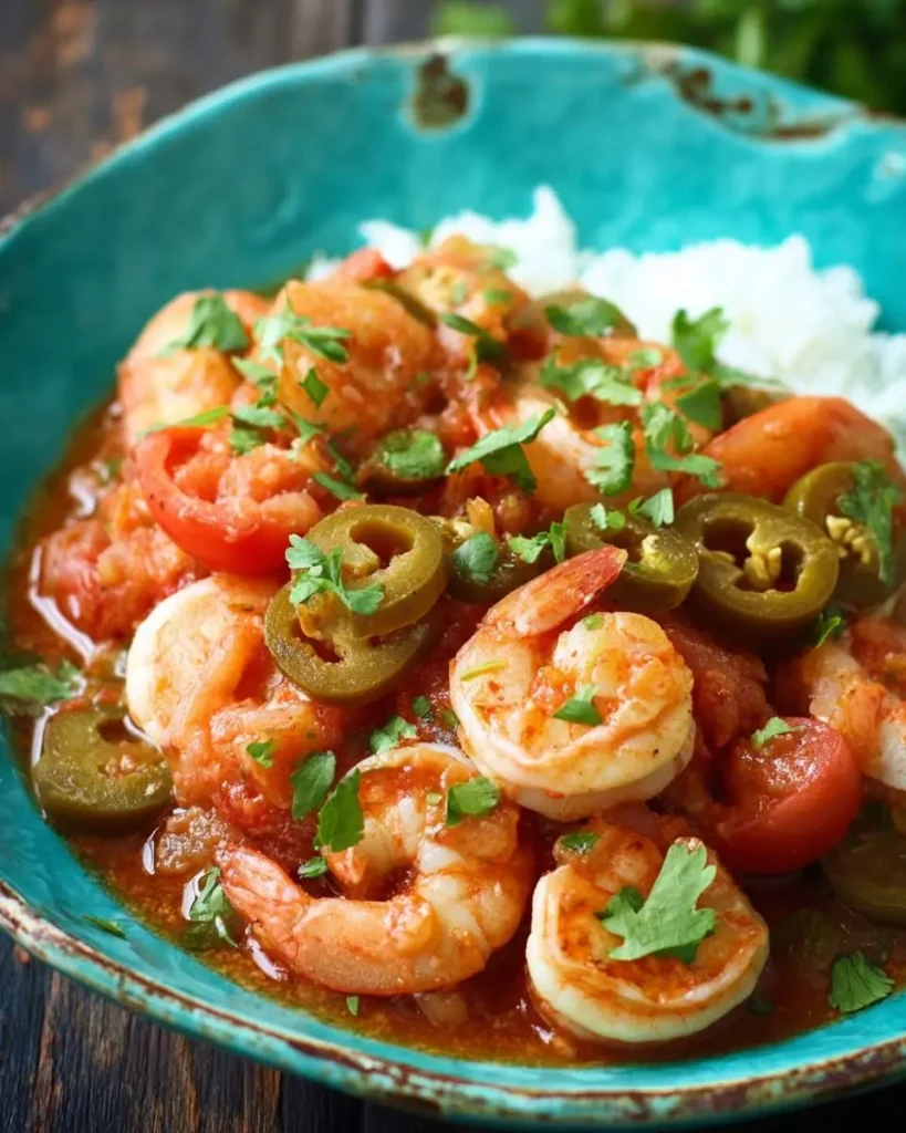 Spicy Shrimp Veracruz served in a turquoise bowl with rice, tomatoes, jalapeños, and fresh cilantro garnish.