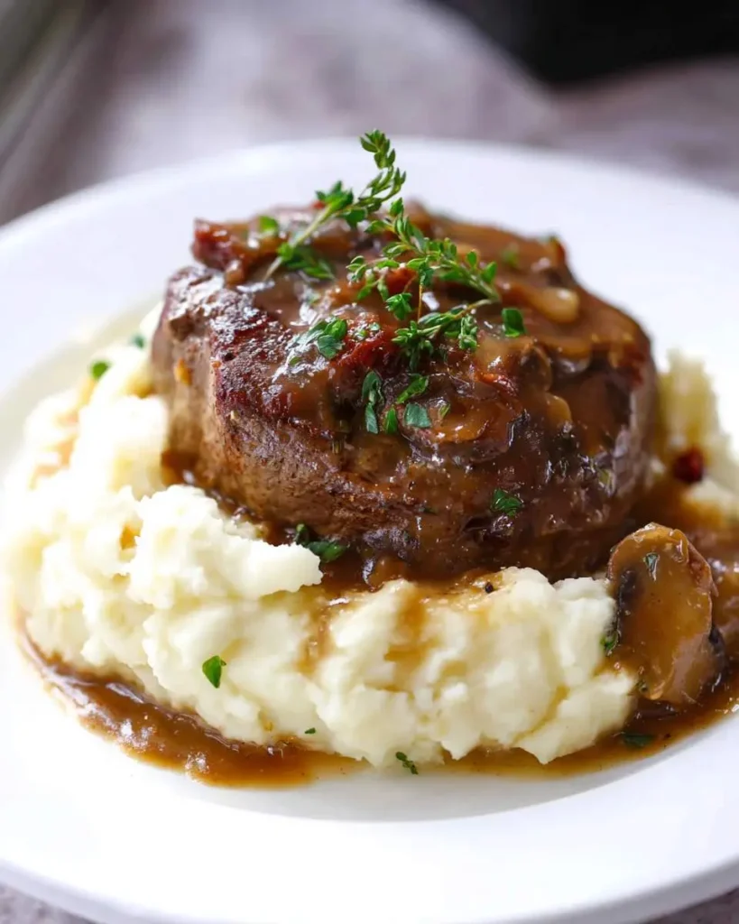 Juicy steak and mashed potatoes topped with rich mushroom gravy and fresh thyme on a white plate.