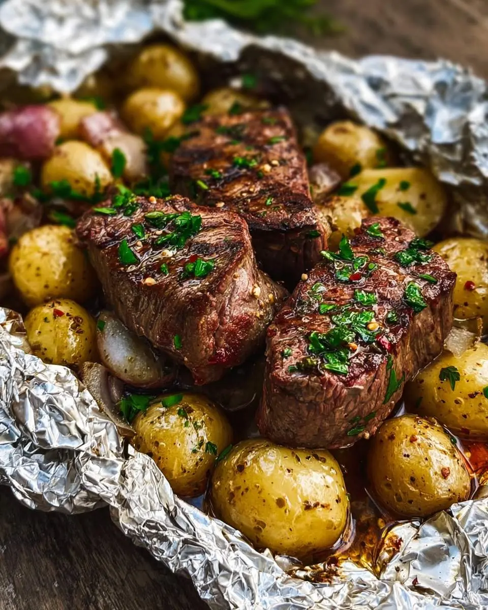 Juicy steak and potatoes foil packets with fresh herbs, featuring tender beef cubes and baby potatoes wrapped in aluminum foil.