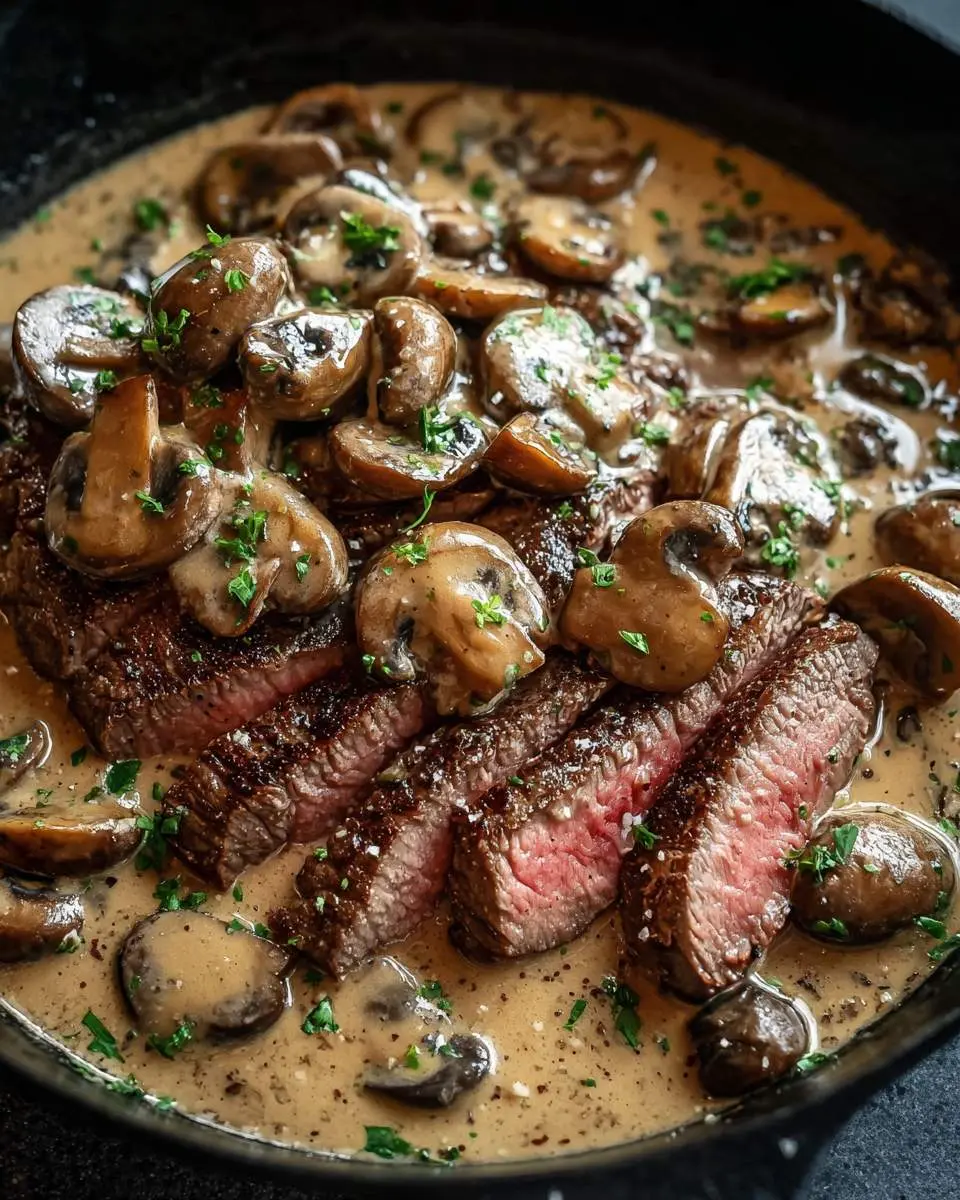 Sliced medium-rare steak with mushroom sauce topped with fresh herbs in a cast iron skillet.