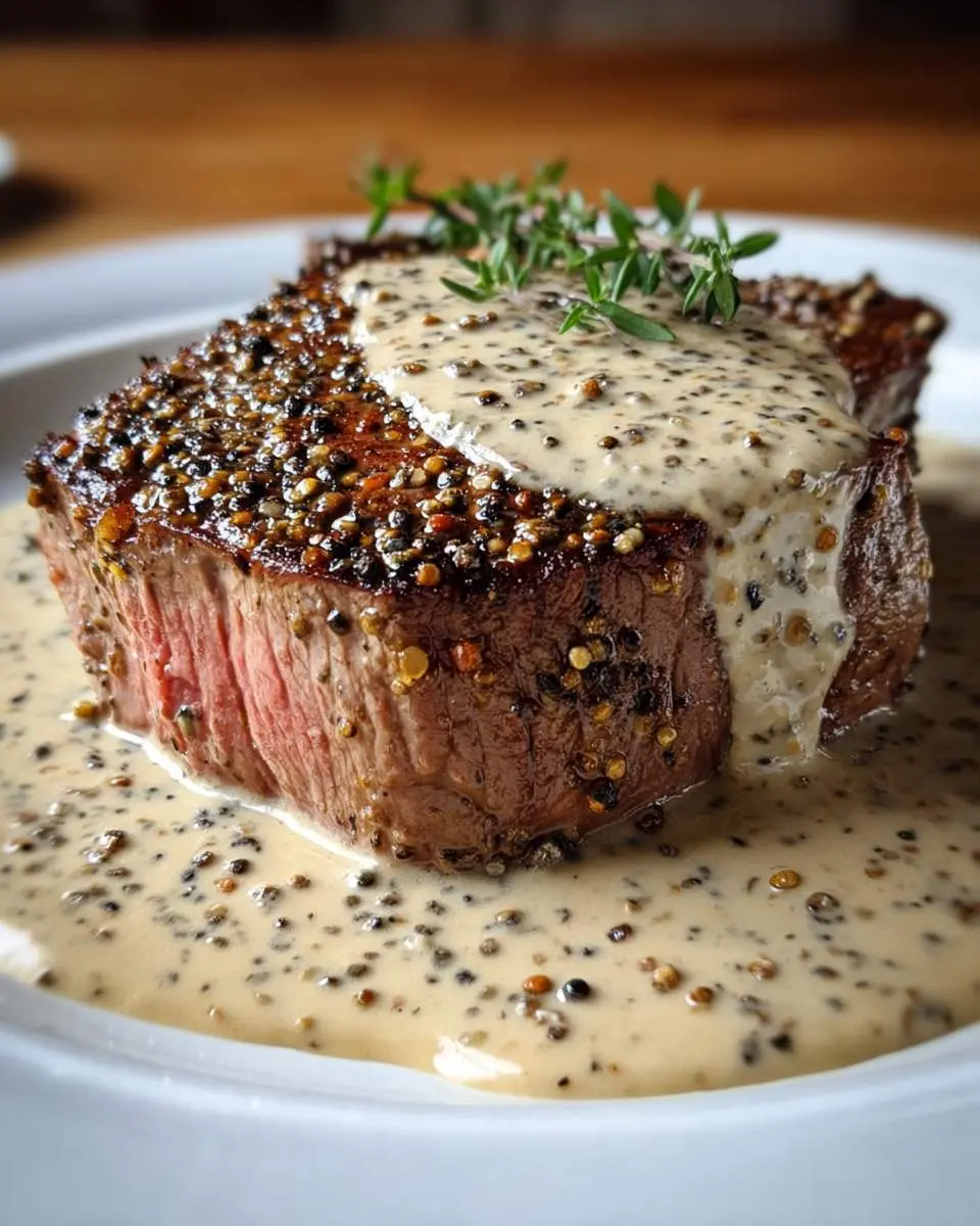 Steak with Peppercorn Sauce 4 A perfectly seared steak with peppercorn sauce topped with fresh thyme, served on a white plate.