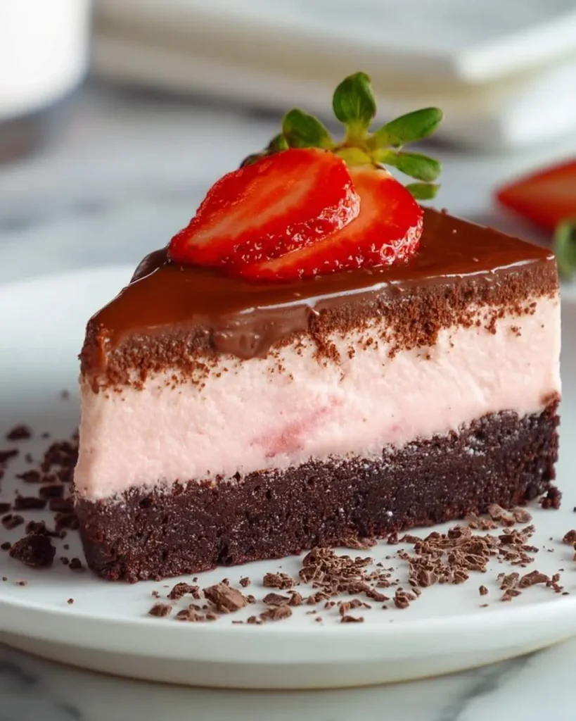 A slice of Strawberry Mousse Brownie Cake topped with chocolate ganache and fresh strawberry slices on a white plate.