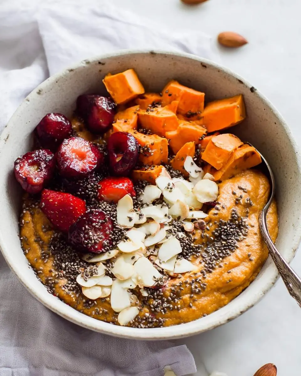 A Sweet Potato Breakfast Bowl topped with cherries, almonds, chia seeds, and diced sweet potatoes in a ceramic bowl.