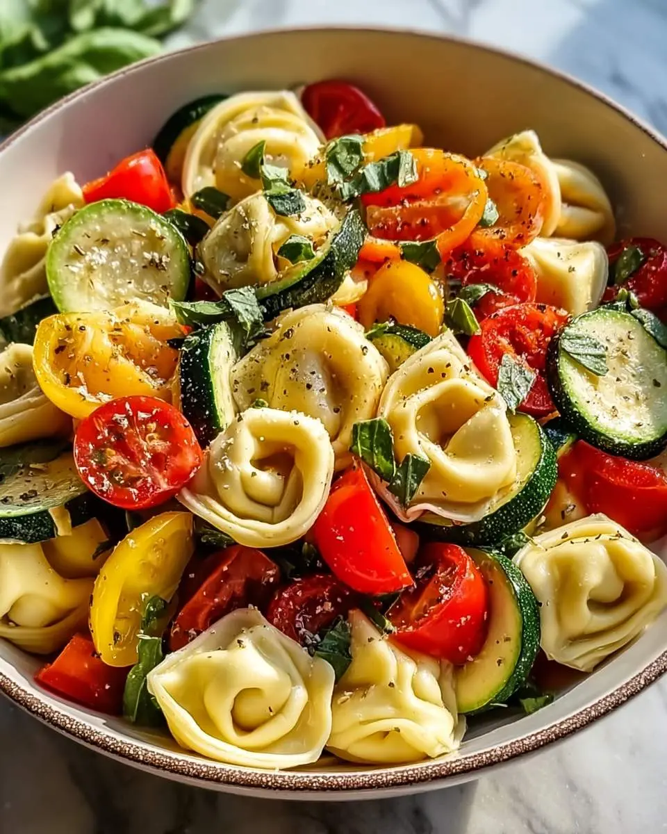 A colorful bowl of Tortellini with summer vegetables featuring zucchini, cherry tomatoes, peppers, and fresh basil.