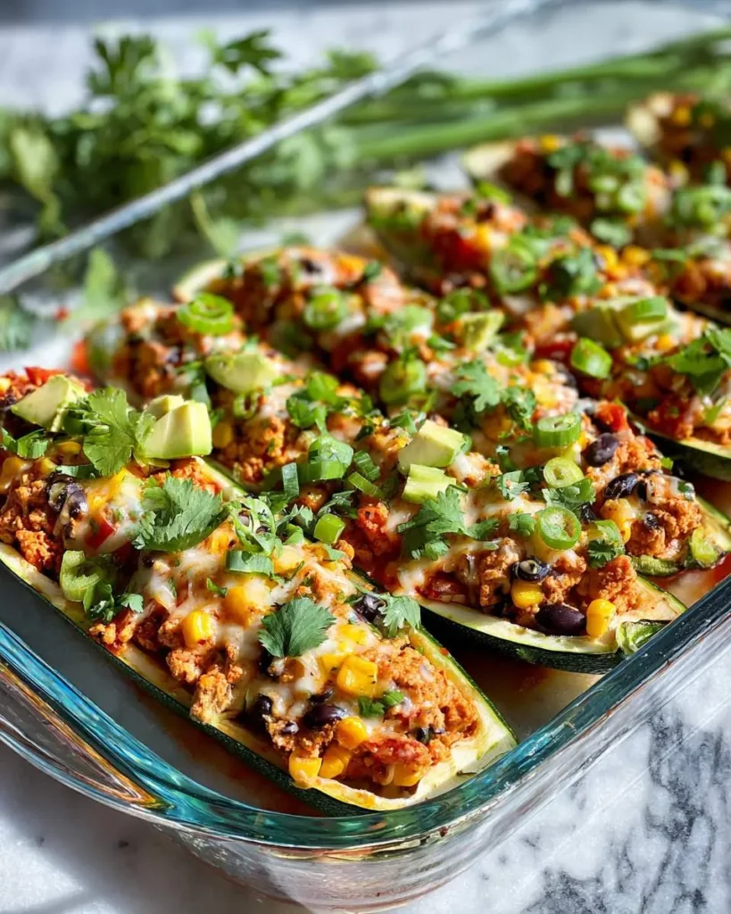 Baked Turkey Taco Zucchini Boats topped with melted cheese, black beans, corn, avocado, and fresh cilantro in a glass dish.