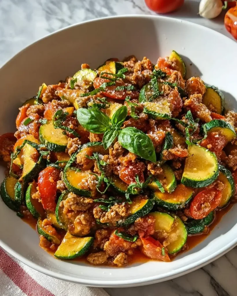 A white bowl filled with Turkey Zucchini Skillet, featuring ground turkey, sliced zucchini, tomatoes, and fresh basil garnish.