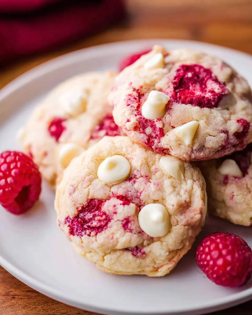White Chocolate Raspberry Cookies 4 Stack of White Chocolate Raspberry Cookies with white chocolate chips and fresh raspberries on a white plate.