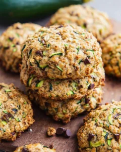Stack of homemade Zucchini Bread Breakfast Cookies with chocolate chips and oats on a wooden surface.