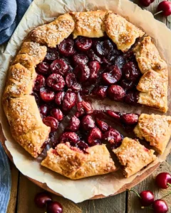 Rustic Cherry Galette with golden flaky crust, sliced and topped with coarse sugar, served on parchment paper.