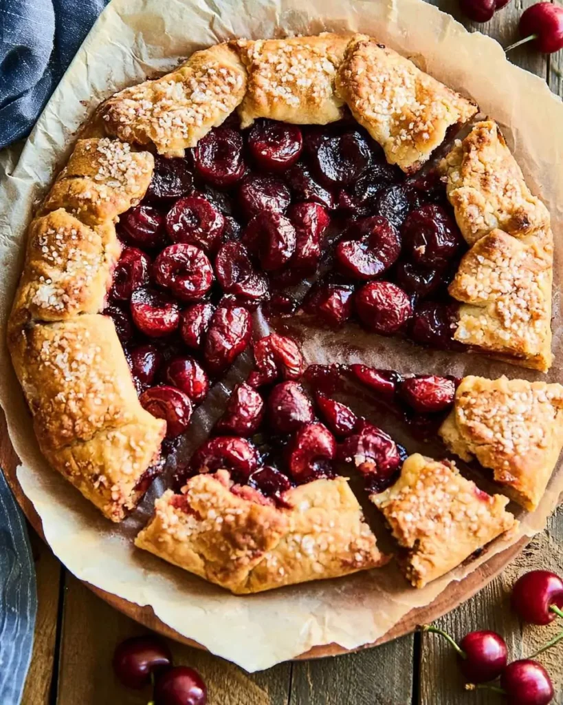 Rustic Cherry Galette with golden flaky crust, sliced and topped with coarse sugar, served on parchment paper.
