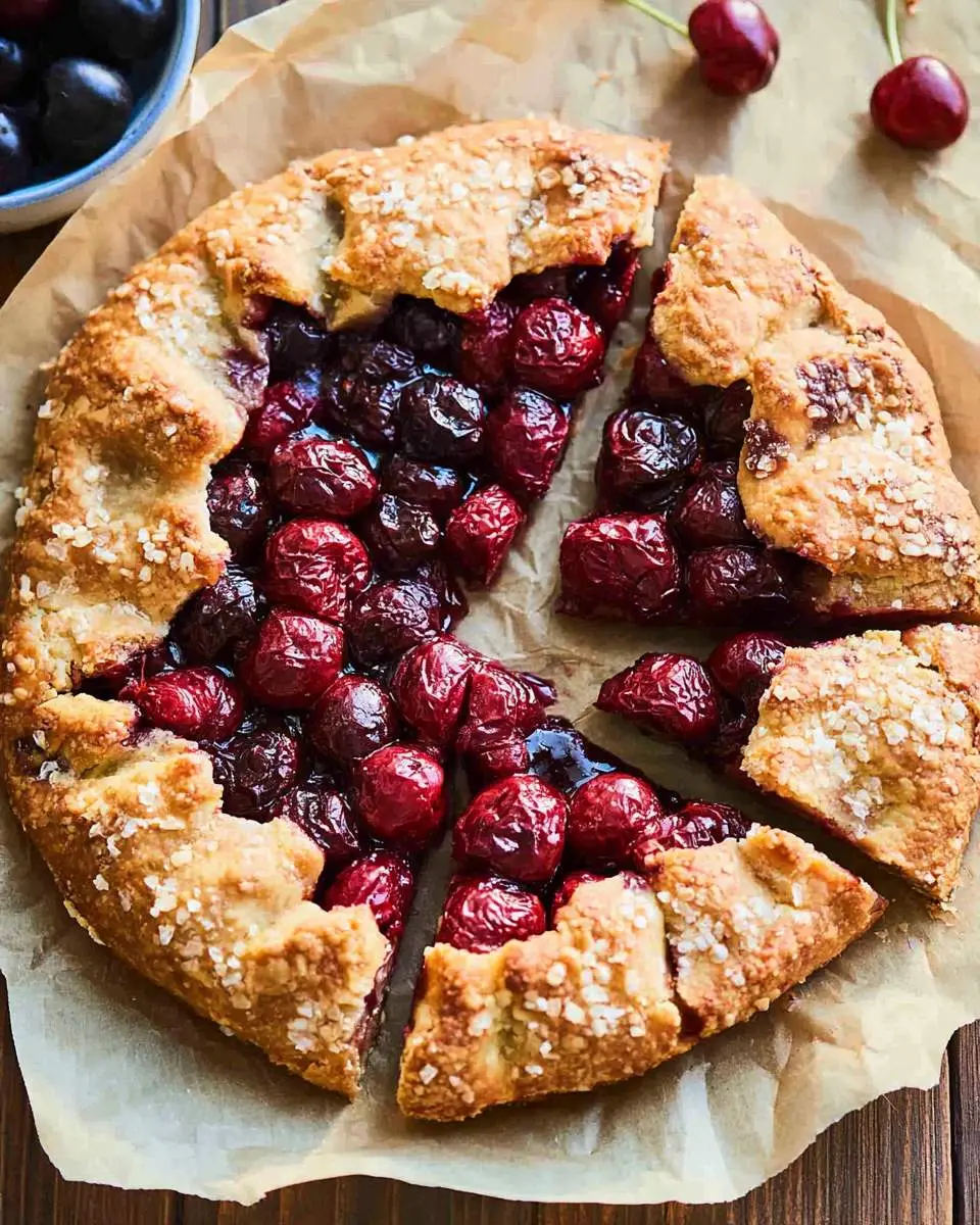 Cherry galette ingredients and dough preparation on marble countertop