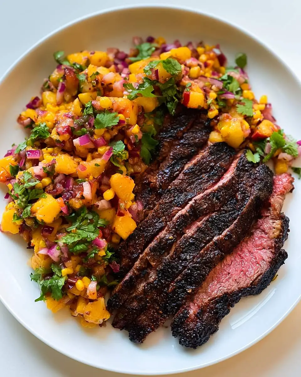 Grilled Skirt Steak with Peach Salsa served on a white plate, featuring charred sliced steak with vibrant peach, corn, and cilantro salsa.