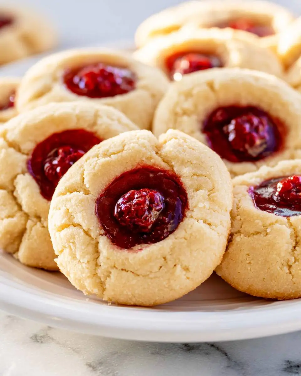 Close-up of golden Raspberry Thumbprint Cookies with glossy red jam centers arranged on a white plate.